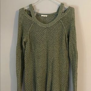 Open shoulder knit sweater. Olive green